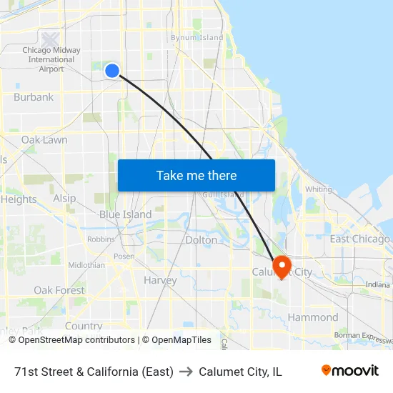 71st Street & California (East) to Calumet City, IL map