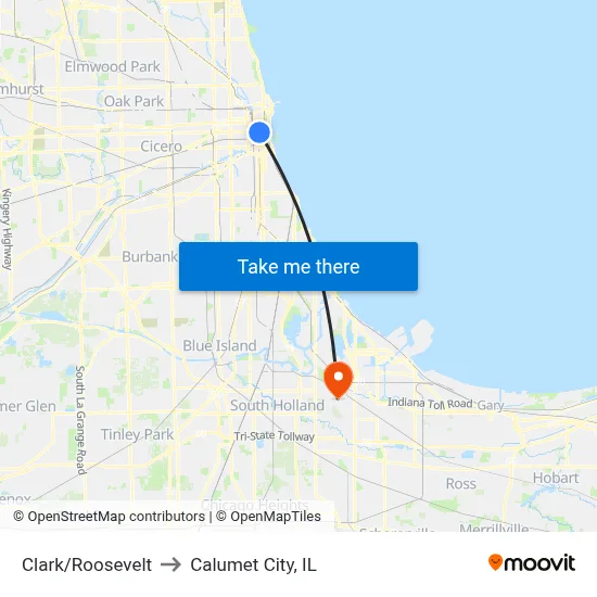Clark/Roosevelt to Calumet City, IL map