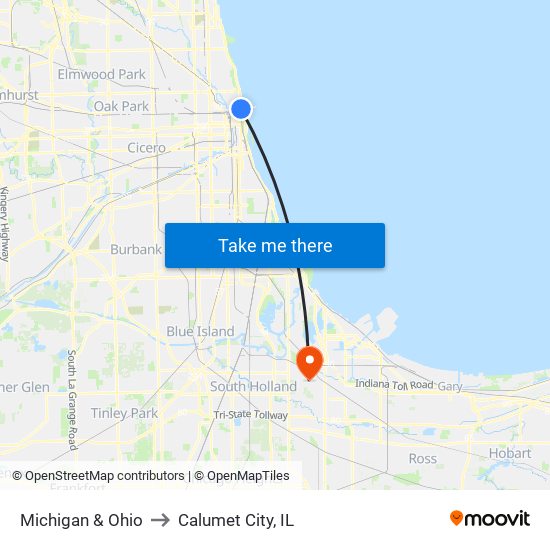 Michigan & Ohio to Calumet City, IL map