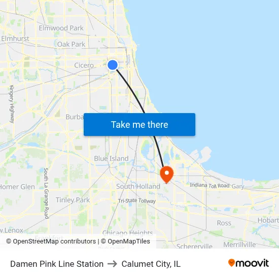 Damen Pink Line Station to Calumet City, IL map