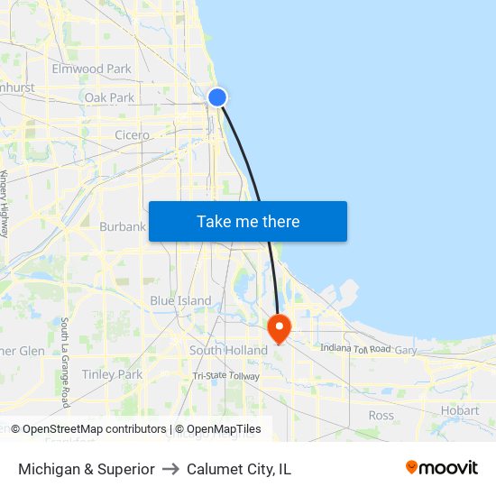 Michigan & Superior to Calumet City, IL map