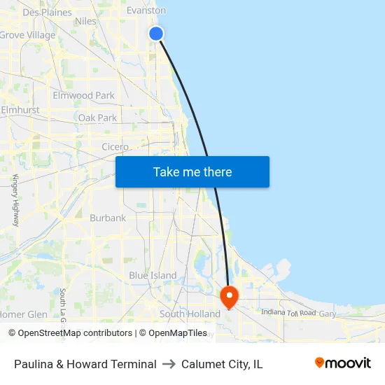 Paulina & Howard Terminal to Calumet City, IL map