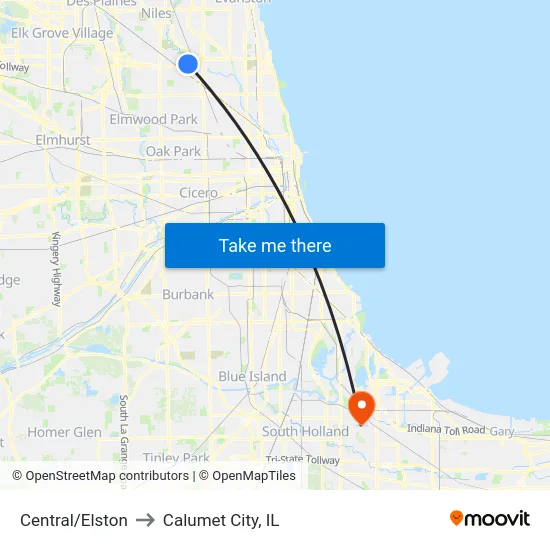 Central/Elston to Calumet City, IL map