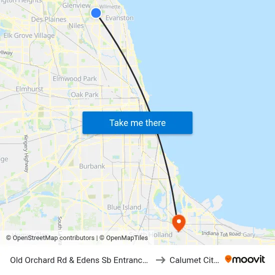 Old Orchard Rd & Edens Sb Entrance Ramp to Calumet City, IL map