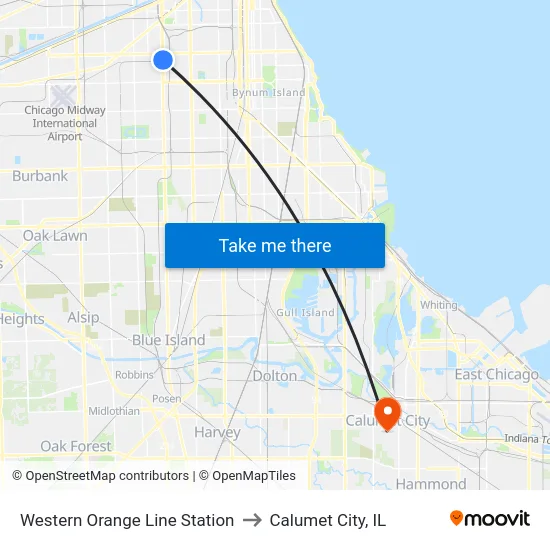 Western Orange Line Station to Calumet City, IL map