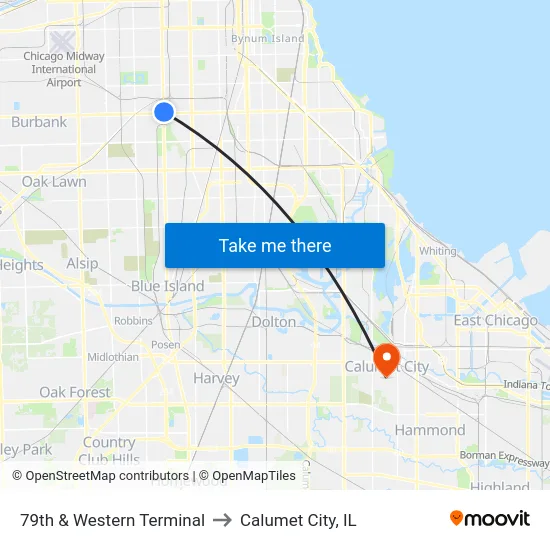 79th & Western Terminal to Calumet City, IL map