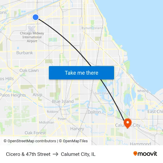 Cicero & 47th Street to Calumet City, IL map