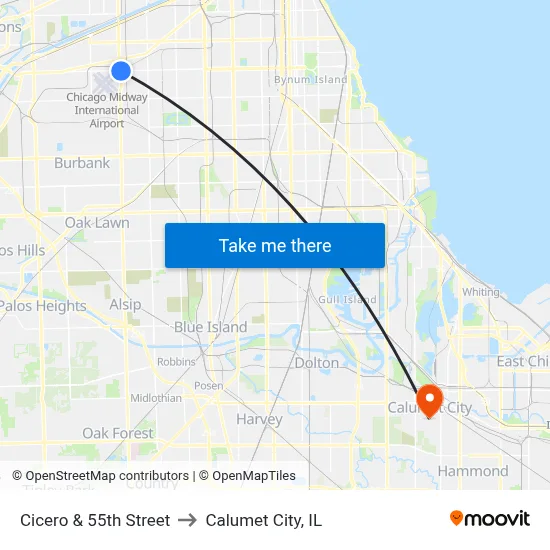 Cicero & 55th Street to Calumet City, IL map