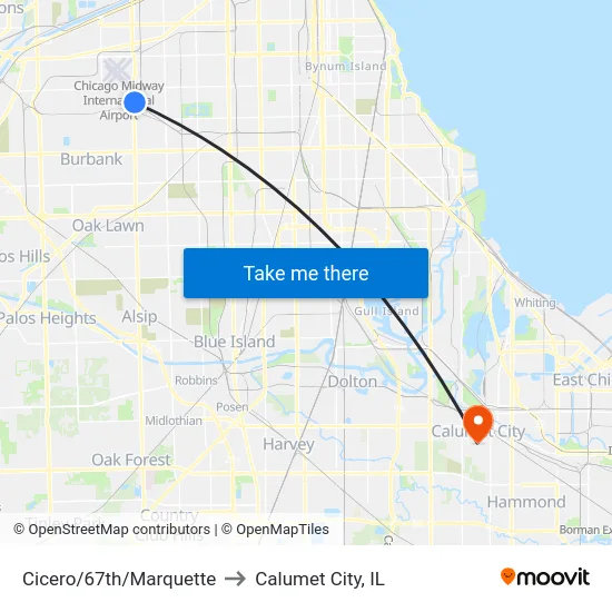 Cicero/67th/Marquette to Calumet City, IL map