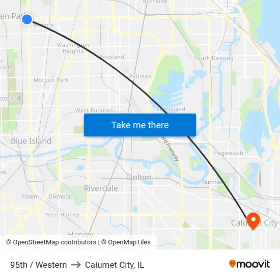 95th / Western to Calumet City, IL map
