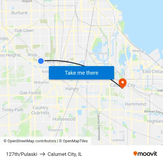 127th/Pulaski to Calumet City, IL map