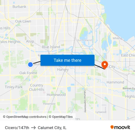 Cicero/147th to Calumet City, IL map
