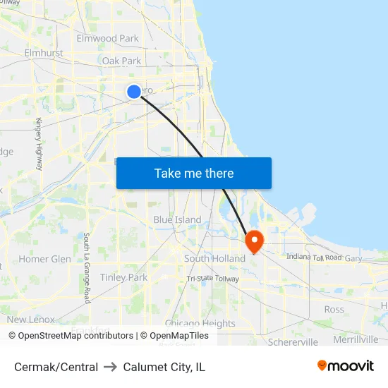 Cermak/Central to Calumet City, IL map