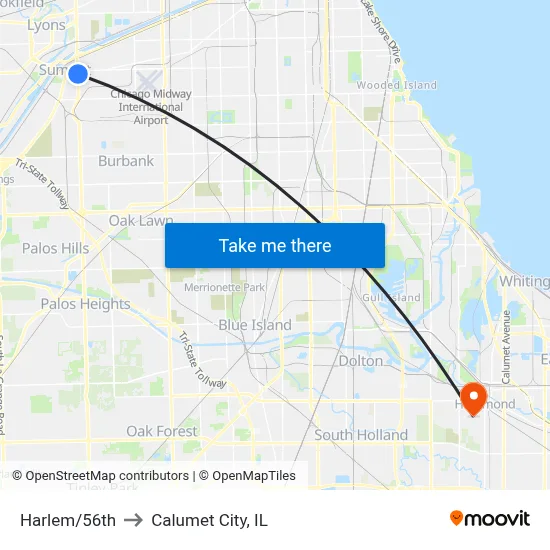 Harlem/56th to Calumet City, IL map