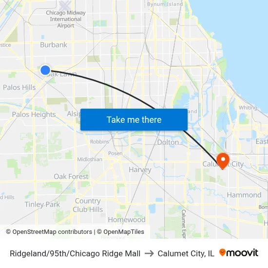 Ridgeland/95th/Chicago Ridge Mall to Calumet City, IL map