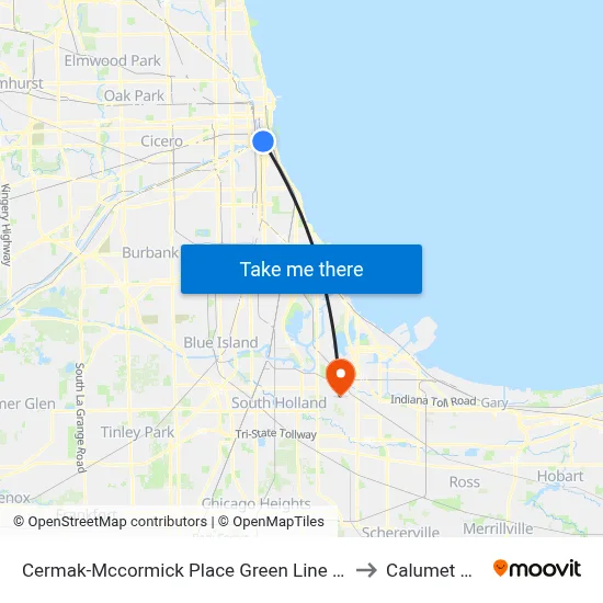 Cermak-Mccormick Place Green Line Station (East) to Calumet City, IL map