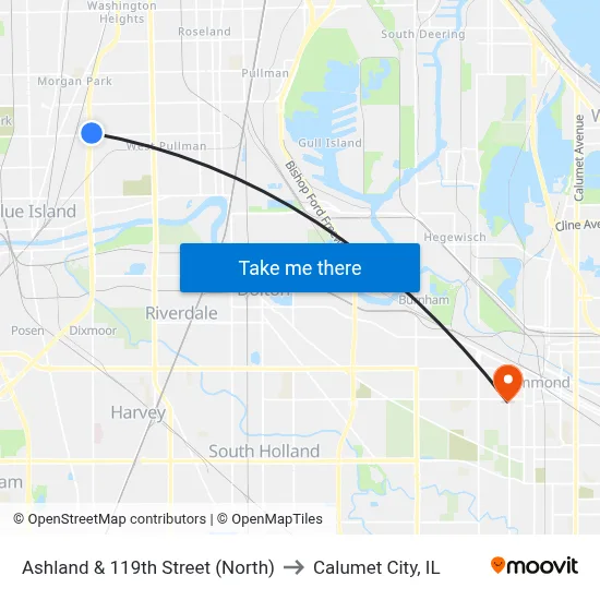 Ashland & 119th Street (North) to Calumet City, IL map