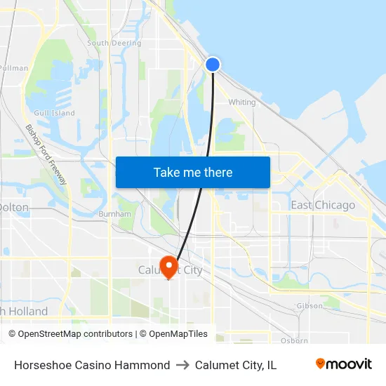 Horseshoe Casino Hammond to Calumet City, IL map