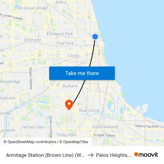 Armitage Station (Brown Line) (West) to Palos Heights, IL map
