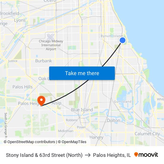 Stony Island & 63rd Street (North) to Palos Heights, IL map