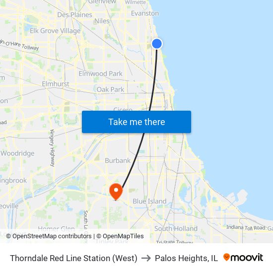 Thorndale Red Line Station (West) to Palos Heights, IL map
