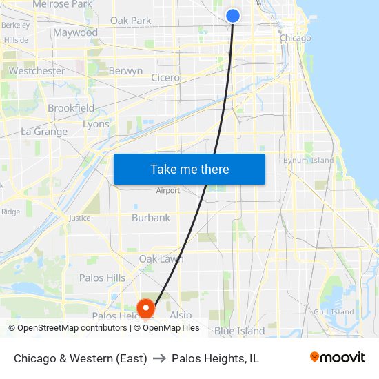Chicago & Western (East) to Palos Heights, IL map