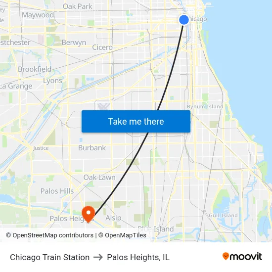 Chicago Train Station to Palos Heights, IL map