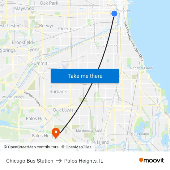 Chicago Bus Station to Palos Heights, IL map