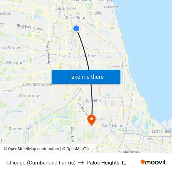 Chicago (Cumberland Farms) to Palos Heights, IL map