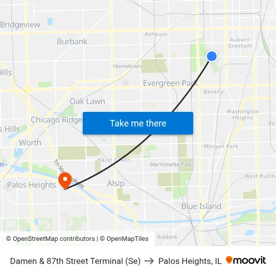 Damen & 87th Street Terminal (Se) to Palos Heights, IL map