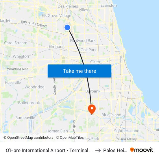 O'Hare International Airport - Terminal 5 Arrivals/Departures to Palos Heights, IL map