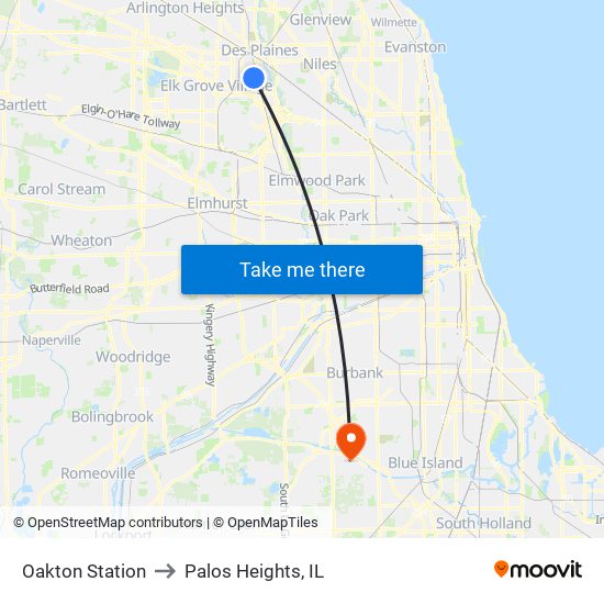 Oakton Station to Palos Heights, IL map