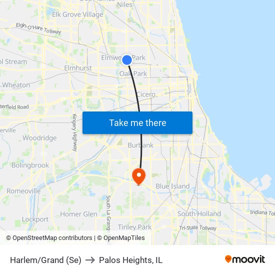 Harlem/Grand (Se) to Palos Heights, IL map