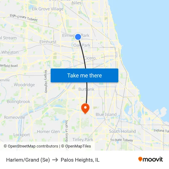 Harlem/Grand (Se) to Palos Heights, IL map