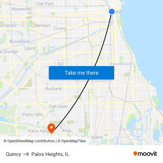 Quincy to Palos Heights, IL map