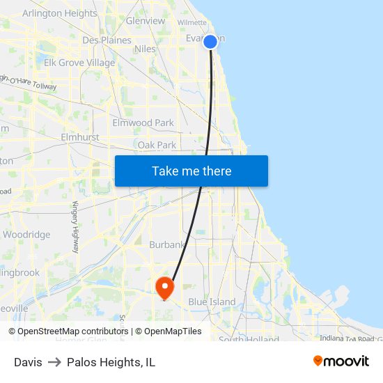 Davis to Palos Heights, IL map