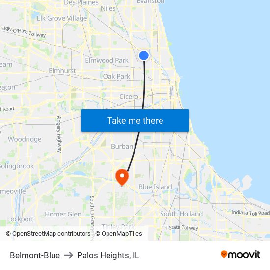 Belmont-Blue to Palos Heights, IL map