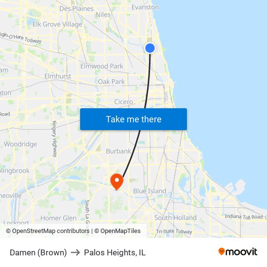 Damen (Brown) to Palos Heights, IL map