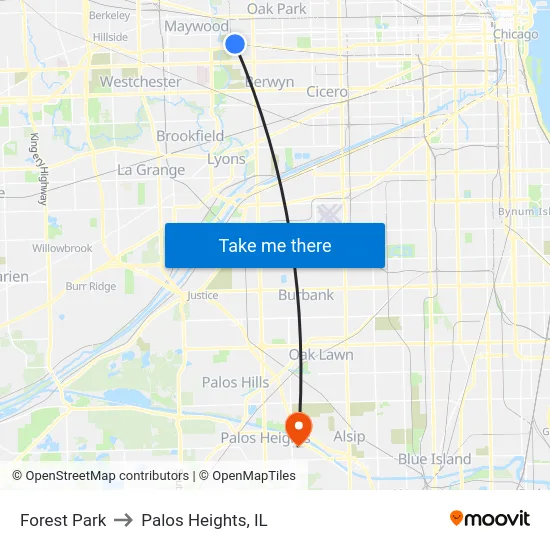 Forest Park to Palos Heights, IL map