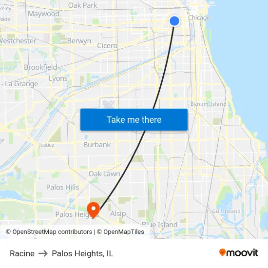Racine to Palos Heights, IL map