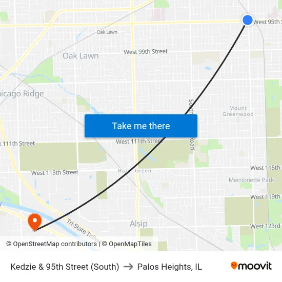 Kedzie & 95th Street (South) to Palos Heights, IL map