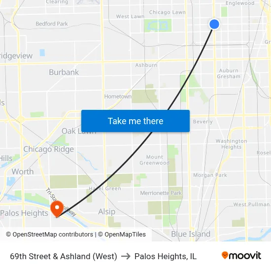 69th Street & Ashland (West) to Palos Heights, IL map