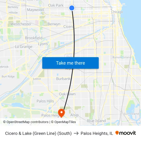 Cicero & Lake (Green Line) (South) to Palos Heights, IL map