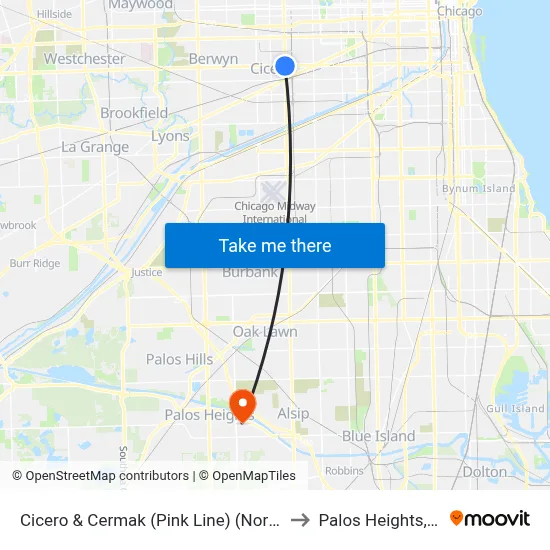 Cicero & Cermak (Pink Line) (North) to Palos Heights, IL map