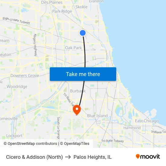 Cicero & Addison (North) to Palos Heights, IL map