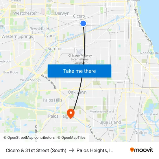 Cicero & 31st Street (South) to Palos Heights, IL map