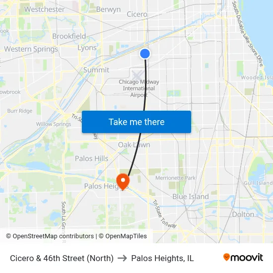 Cicero & 46th Street (North) to Palos Heights, IL map
