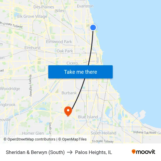 Sheridan & Berwyn (South) to Palos Heights, IL map