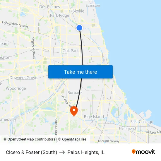 Cicero & Foster (South) to Palos Heights, IL map