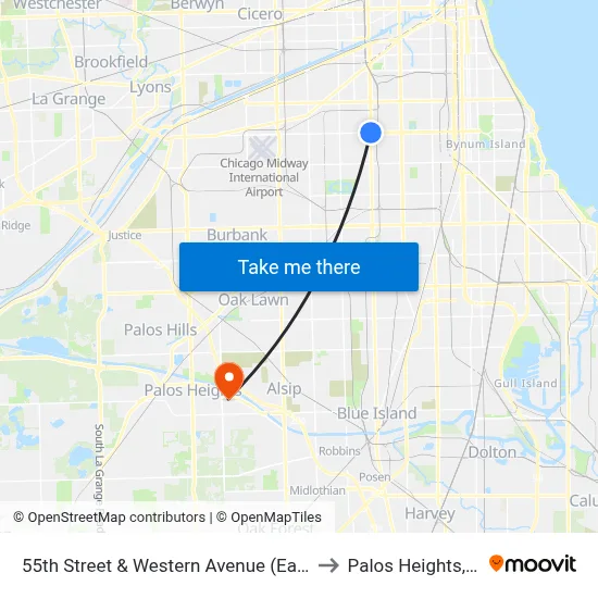 55th Street & Western Avenue (East) to Palos Heights, IL map